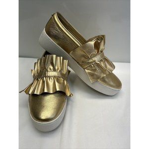 MICHAEL KORS Bella Ruffled Metallic Leather Slip-On Sneakers  10